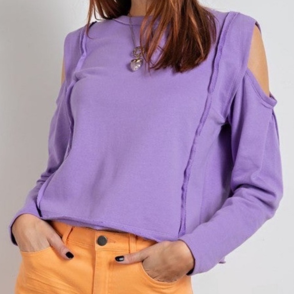 easel Lilac Cold-Shoulder Long Sleeve Cotton Sweatshirt Top